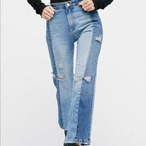 Free People The Patchwork High Waist Two Tone Crop Jeans Distressed Sz. 24